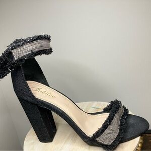 Black Block Heel Sandals with Sparkle Trim